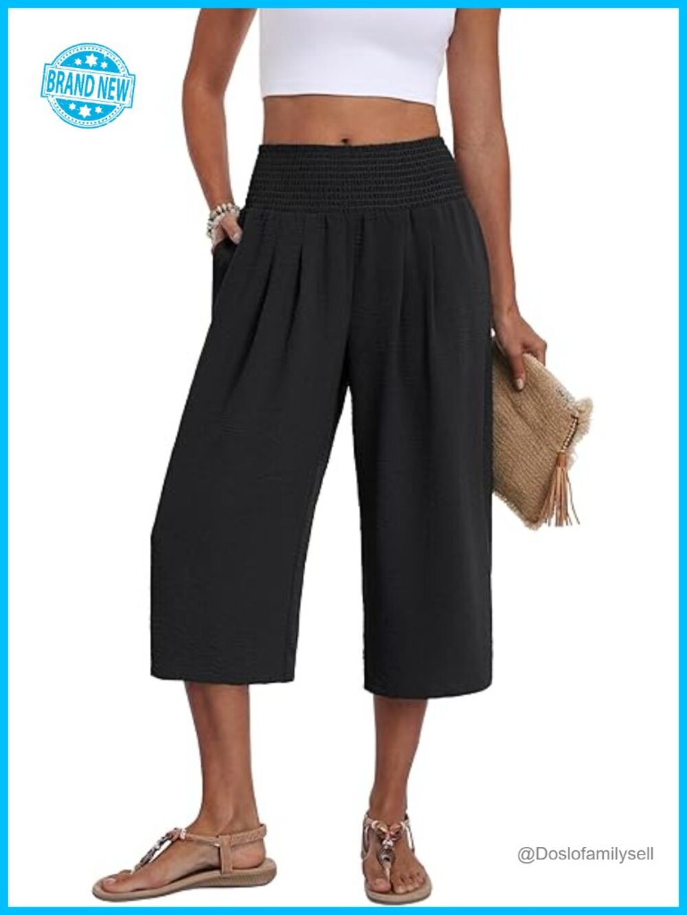 High Waisted Wide Leg Capri Pants with Pockets Tummy Control